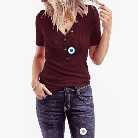 NWT MEROKEETY Women's Short Sleeve V Neck Ribbed Button Wine - Picture 2 of 6